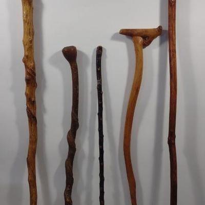 5 Wooden Folk Art Carved Walking Sticks & Canes