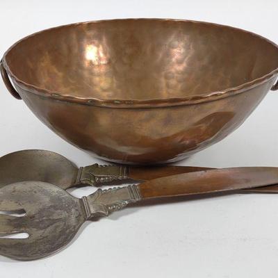 Craftsman Hammered Copper Bowl & Salad Servers
