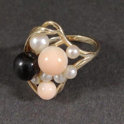 14K Gold Angel Skin Coral & Pearl Ring