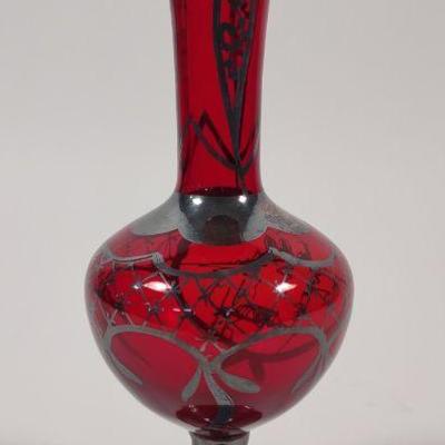 Art Nouveau Silver Overlay Red Glass Art Vase