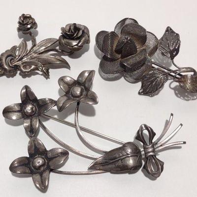 3 Vintage Sterling Silver Flower Brooches