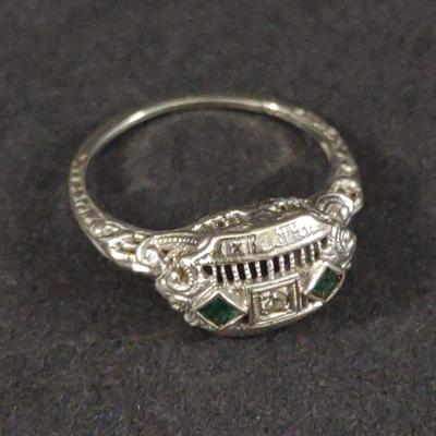 14K White Gold Emerald & Diamond Ring (Art Deco)