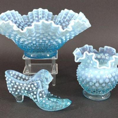 3 Fenton Blue Opalescent Hobnail Art Glass Pieces