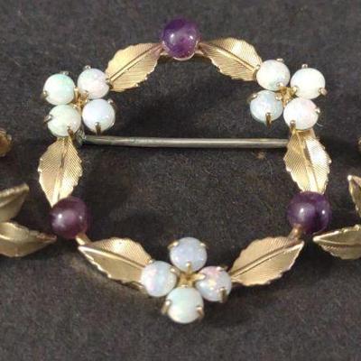 Krementz Opal 14K Overlay Brooch & Earring Suite