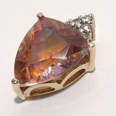 10K Gold Mystic Cut Stone w/ Diamonds Pendant