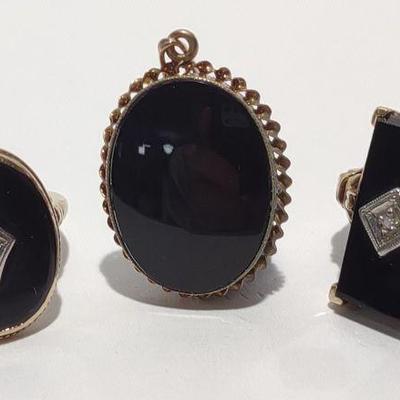 10K Gold Onyx & Diamond Rings & Pendant Set