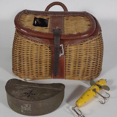 Fishing Creel Basket, Bait Box & Pflueger Lure