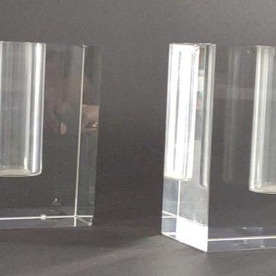 Pair of Modernist Crystal Block Bud Vases