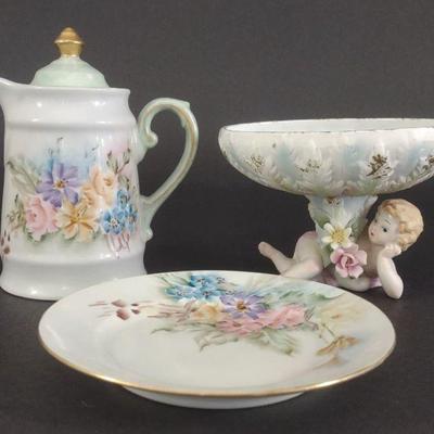 I. Bishop Signed Painted Creamer, Saucer & Arnart