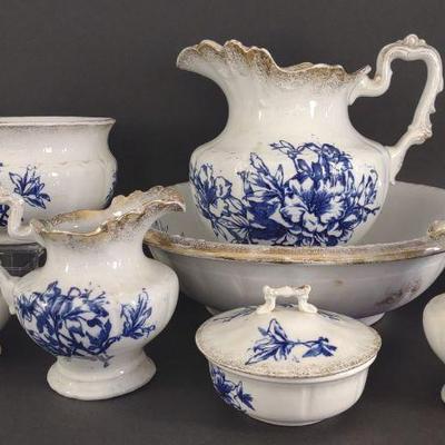7 pc 19th Century Flow Blue Wash Set