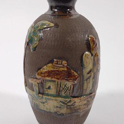 Japanese Glazed Pottery Art Vase w/ Hut Design