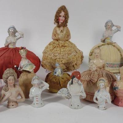 16 Porcelain Half Doll Pin Cushions & Bodies