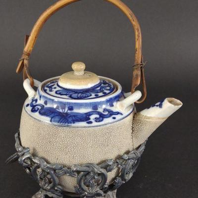 Japanese Blue Flow Porcelain Tea Pot w/ Stand