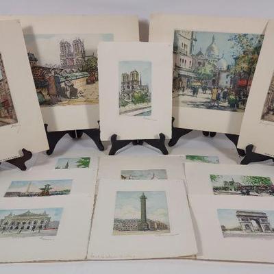 4 Artist Signed Hand Colored Etchings of Paris