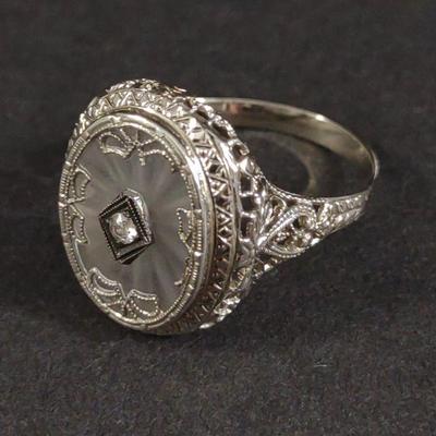 14K W. Gold Rock Crystal & Diamond Ring