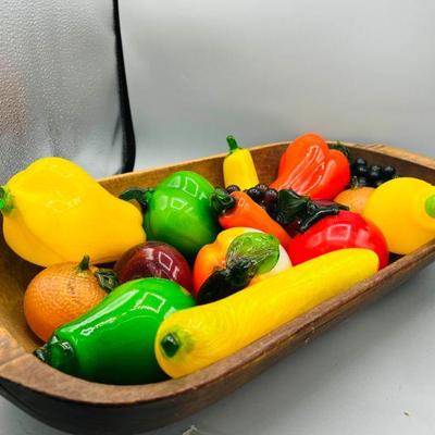 Glass Fruit & Vegetables In Wooden Bowl
