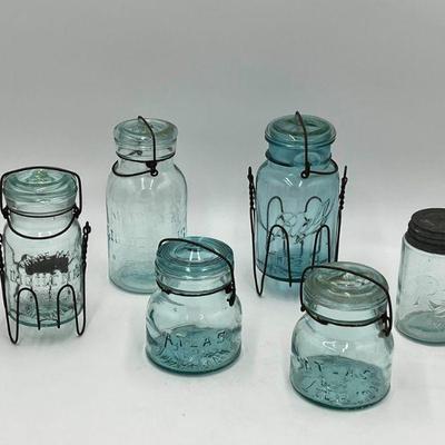 (6) Antique Blue Glass Mason Jars Incl. 1908
