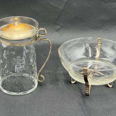 Antique Etched 1930s Floral Glass Syrup Cream Pitcher & Dish Set
