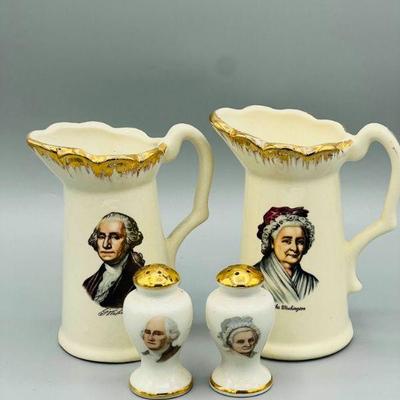 Gold Trimmed George Washington & Martha Washington Creamers & Salt And Pepper Shakers
