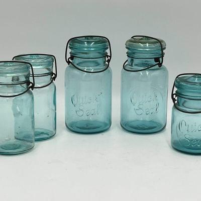 (5) Antique Blue Glass Jars Featuring Quick Seal
