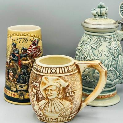(3) American Style Beer Steins-Miller & Avon
This lot includes an Avon Birth of a Nation 1776 stein, an Avon Christopher Columbus New...
