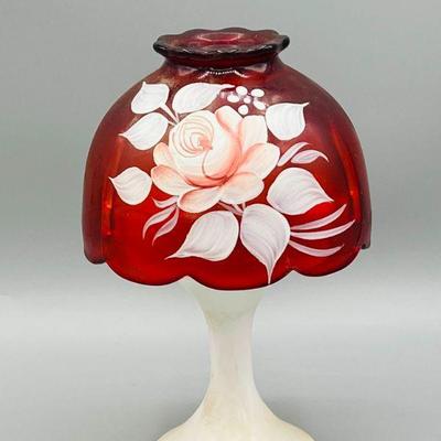 Signed Painted Floral Candle Holder With Milk Glass Base
