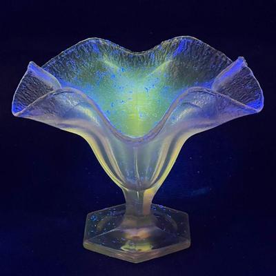 Fenton Opalescent Ruffled Compote Dish Glass, UV Reactive
