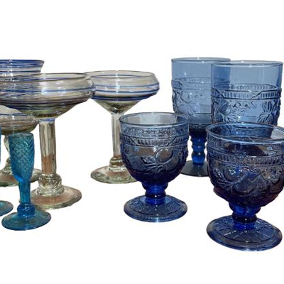 vintage and modern blue glassware 
