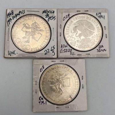HTS272- 3ea Uncirculated Mexican 25 Pesos Silver Coins