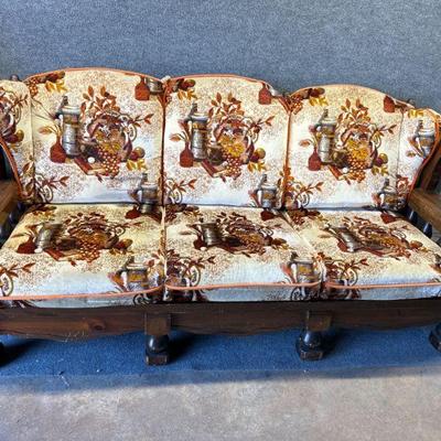70â€™s MCM Wood Trim Rustic Velour Sofa