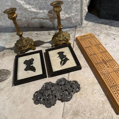 2 Brass Candlesticks, Small Silhouette Frames