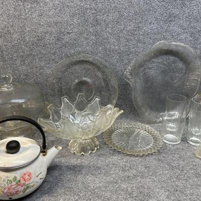 Assorted Clear Glass Bowl, Cake Stand and Tea Kettle