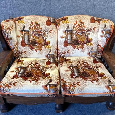 MCM Wood Trim Velour Rustic Loveseat 