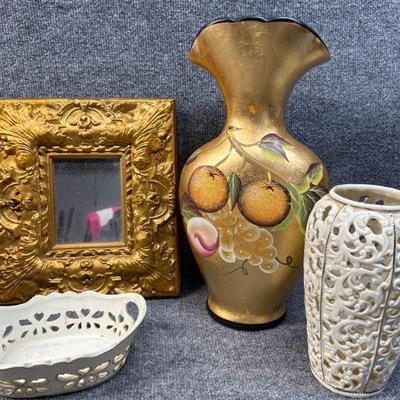 Gold Vase and Painted Fruit, White Vase, Gold Mirror & Basket