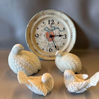Alabaster Doves, hens, and Goose Clock