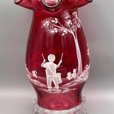 Fenton, Hurricane Lamp, Cranberry Glass By Mary Gregory
