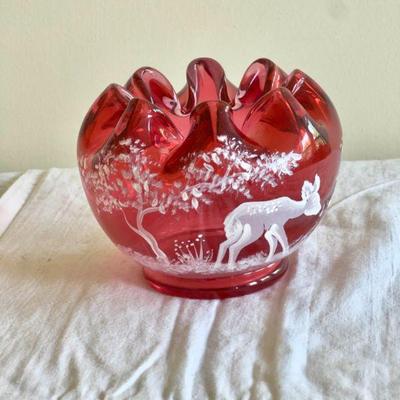 Fenton Cranberry Glass Tealight Candle Holder Deer Mary Gregory Limited Edition
