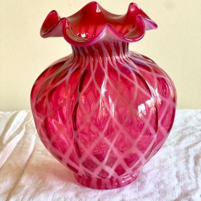 Fenton Cranberry Opalescent Diamond Optic Paneled Rib Vase
