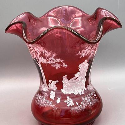 Fenton â€˜Story Time' Cranberry Glass Art Vase Hand Painted By Sue Jackson

