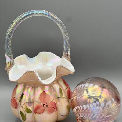 Handpainted Shelly Fenton Opalescent Glass Basket & Pink Opalescent Glass Ornament
