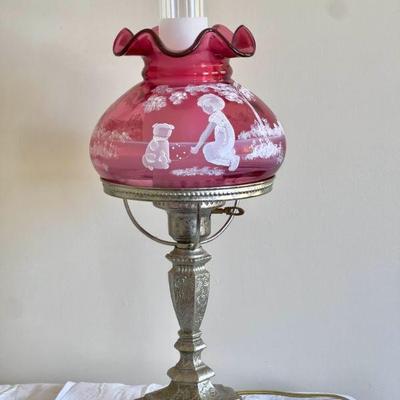 Hand Painted Cranberry Glass Hurricane Lamp On Heavy Metal Base
