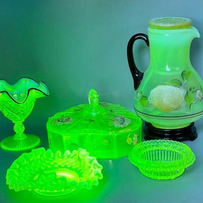 (5) Yellow Uranium Glass Including Signed Fenton
Fenton Honor Collection Handpainted, Fenton Hobnail trinket dish, Fenton designed by...