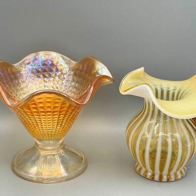 Fenton Museum Collection Marigold Carnival Glass Pedestal Dish & Glass Pitcher
