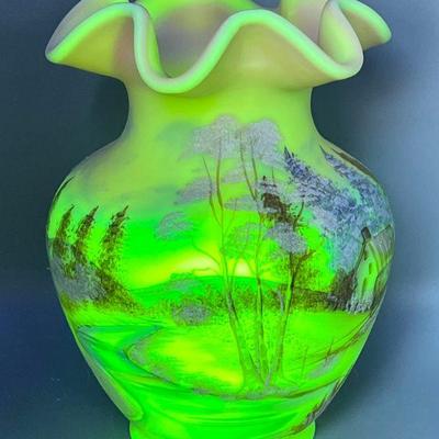 Fenton Burmese Hand Painted Ruffled Vase-UV Reactive
