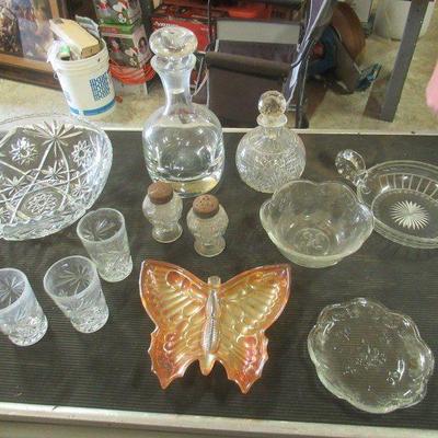 VINTAGE ASSORTED CUT GLASSWARE CRYSTAL DECANTERâ€™S, CANDY DISH, BOWLS, SALT, AND PEPPER SHAKER ETC.