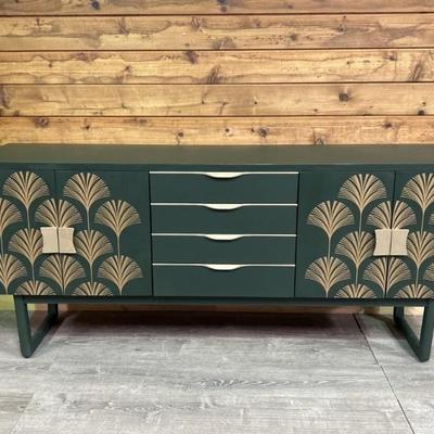 Mid Century Green Lacquered Cabinet w/ Gold Fan