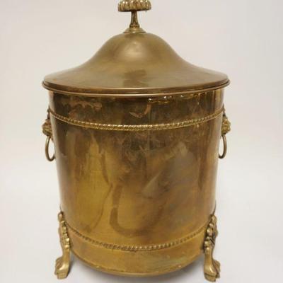 1022	BRASS COVERED KINDLING BOX W/LION HEAD PULLS & CLAW FEET, APPROXIMATELY 21 IN HIGH
