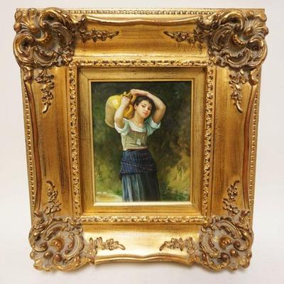 1251	ARTIST SIGNED OIL PAINTING ON BOARD OF YOUNG WOMAN CARRYING A VESSLE, APPROXIMATELY 18 IN X 20 IN OVERALL
