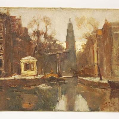 1030	ANTIQUE OIL PAINTING ON CANVAS ARTIST SIGNED STREET SCENE, APPROXIMATELY 12 IN X 9 1/2 IN
