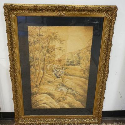 1013	LARGE SILK EMBROIDERED SCENE OF A TIGER STALKING AN ANIMAL, APPROXIMATELY 37 IN X 50 IN
